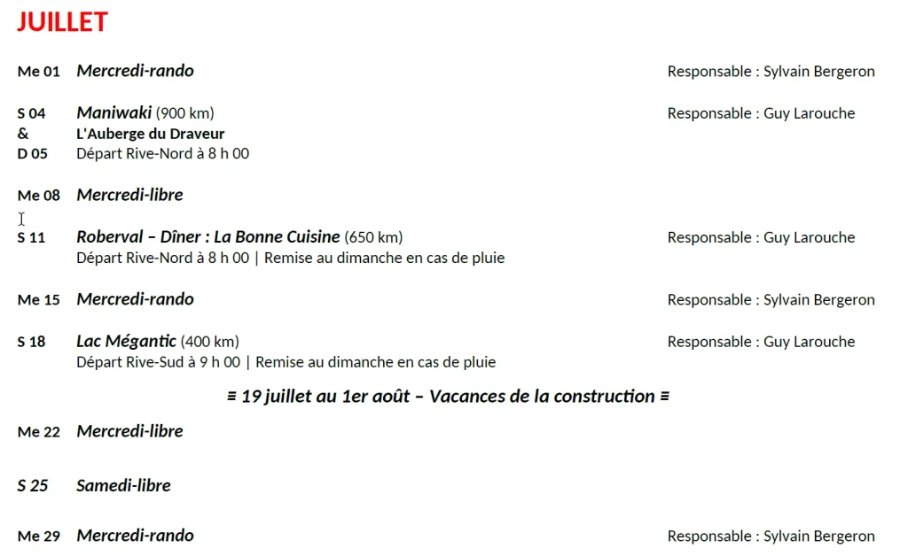 Activités en juillet