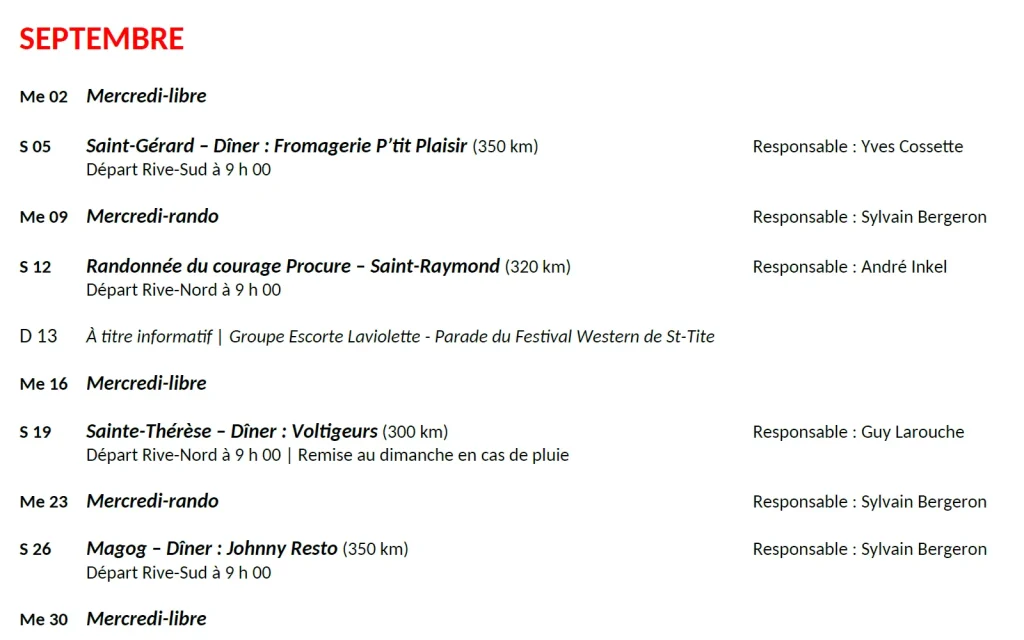 Activités en septembre